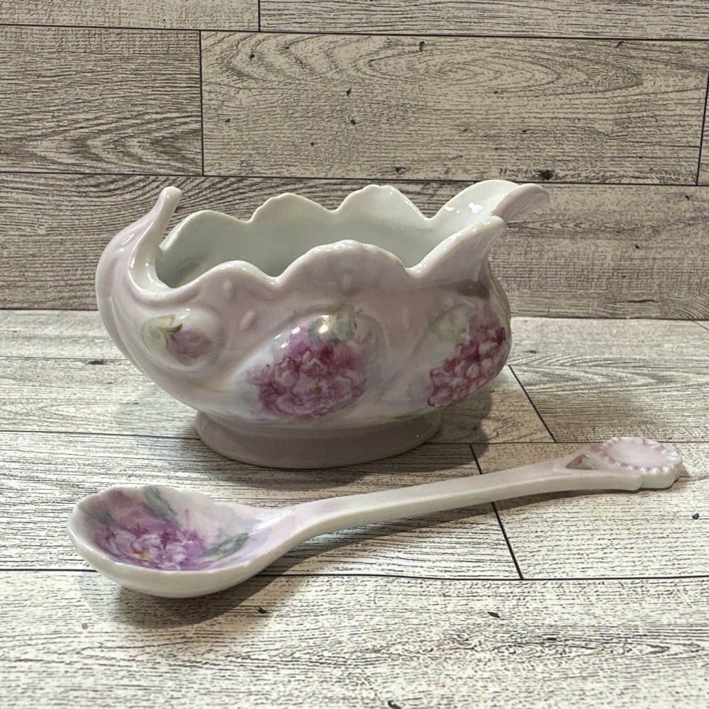 Purple Floral Painted‎ Bowl 4.5x3.25x2.5" & 5.5" Spoon Vandersaul 1994 Vintage